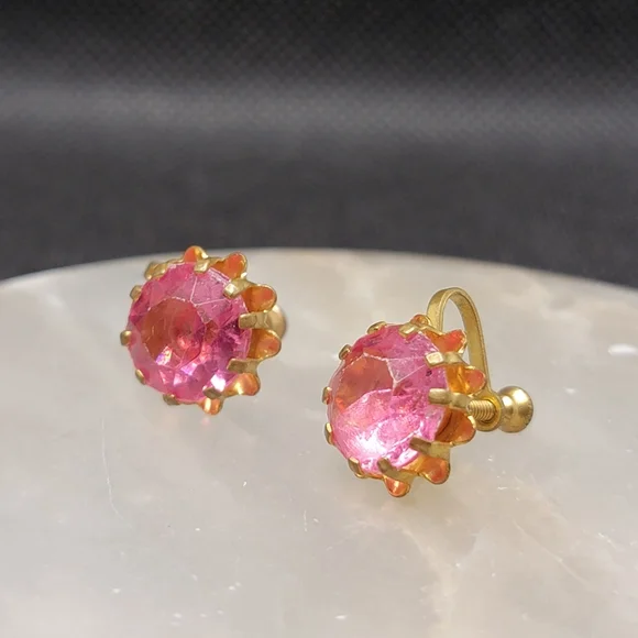 Vintage Pink Rhinestone Screwback Earrings Gold Tone - Picture 8 of 14